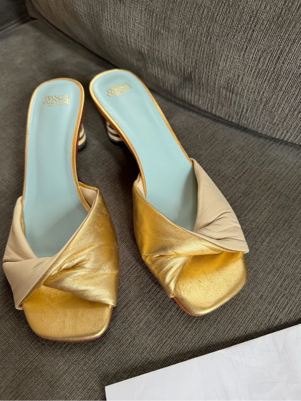 Stunning Frances Valentine Gold & Cream Slip-On Heeled Sandals size 7 new